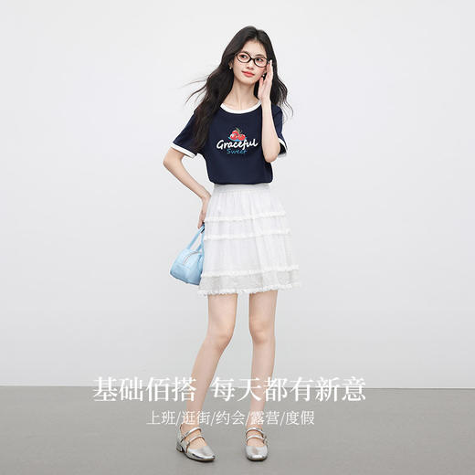 【专属特价】熙世界纯棉樱桃字母印花T恤短袖女夏日新款撞色圆领休闲正肩上衣 商品图2