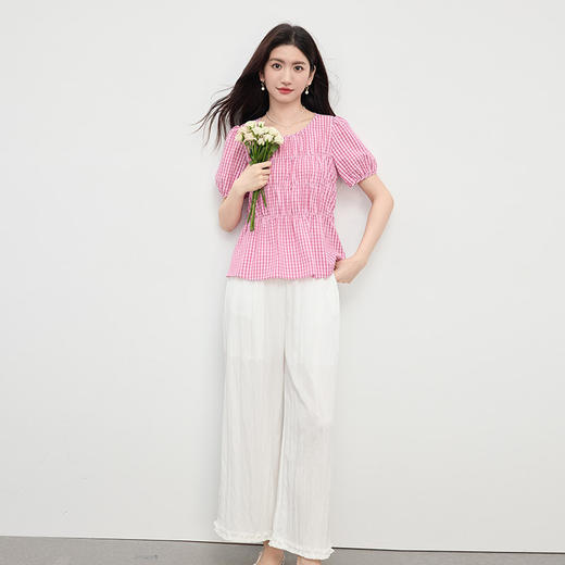 【07/16新品】熙世界巨好看的夏日套装女休闲泡泡皱格纹衬衫白色阔腿裤子两件套 商品图3