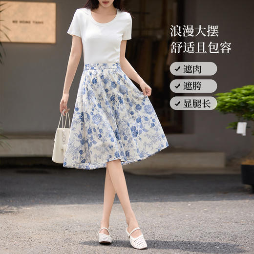 【专属特价】熙世界复古青花瓷蓝碎花半身裙女夏季小个子高腰显瘦纯棉a字伞裙 商品图2