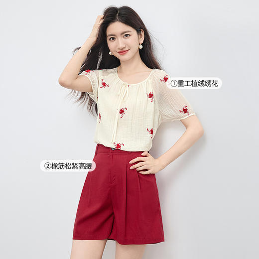【07/16新品】熙世界一整套ootd穿搭套装女2025新款刺绣天丝衬衫亚麻短裤两件套 商品图1