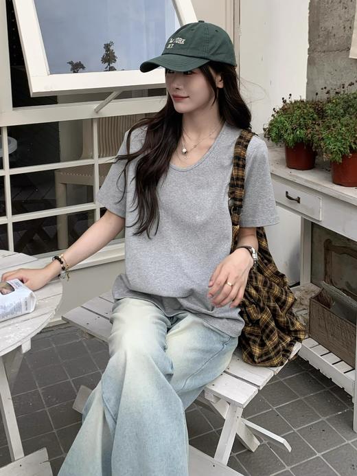 单拍不发货！（鹅蛋领短袖T恤69元2件限时秒杀！拍2立减！时尚的尽头是极简风）短袖女t恤夏季2025新款V领宽松慵懒风大领口显瘦上衣 商品图1