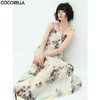 【限时秒杀】COCOBELLA油画风印花雪纺压褶吊带裙度假飘逸大摆连衣裙FR182 商品缩略图0