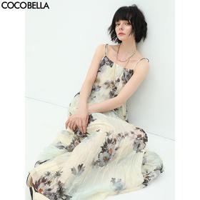 【限时秒杀】COCOBELLA油画风印花雪纺压褶吊带裙度假飘逸大摆连衣裙FR182