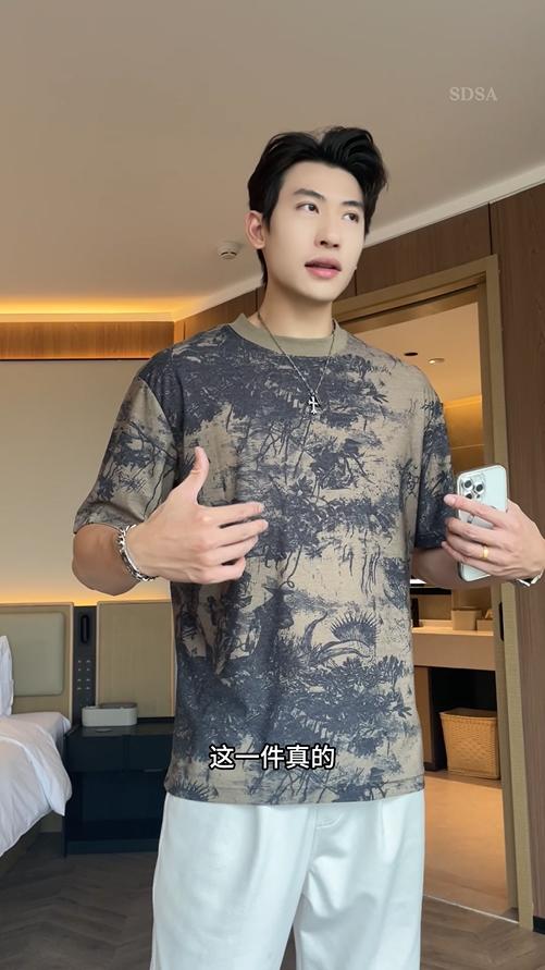 T4103夏季高级感新款男士印花宽松扎染重磅T恤撞色圆领短袖薄款上衣 商品图0