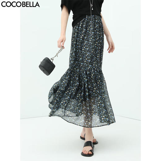 COCOBELLA气质飘逸大摆抽褶碎花半身裙女夏田园A字长裙HS117 商品图0