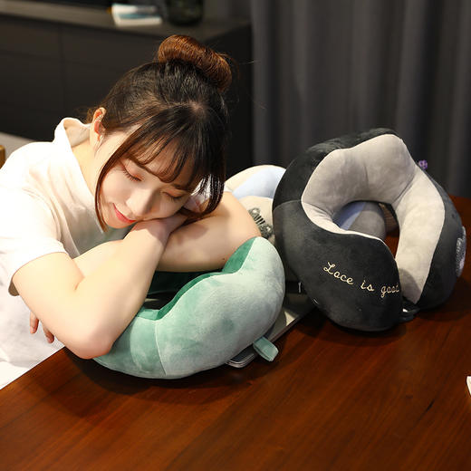 自然醒超柔短毛绒毛巾绣U型枕坐车护颈可爱旅行枕头办公室学生QYL 商品图1