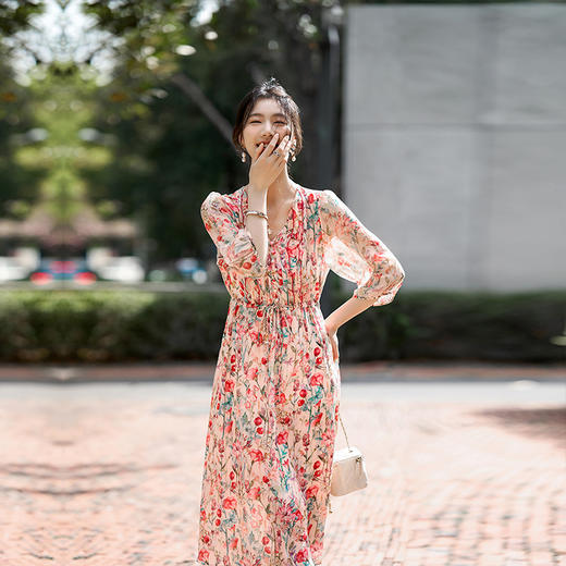 丁摩 夏季新品女装减龄花色收腰气质真丝连衣裙子5ZF-90497 商品图1