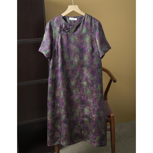 丁摩 真丝香云纱花萝国风连衣裙女树叶100桑蚕丝短袖宽松A字裙夏新款5ZF-D005 商品图5