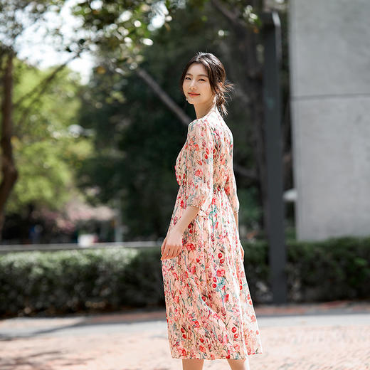 丁摩 夏季新品女装减龄花色收腰气质真丝连衣裙子5ZF-90497 商品图3
