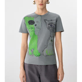 丁摩 春夏新品短袖T恤女正肩猫咪小狗设计感百搭上衣5ZF-02486