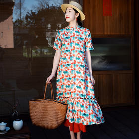 丁摩 夏款苎麻气质改良旗袍连衣裙原创可拆卸鱼尾长款盘扣夏短袖5ZF-26