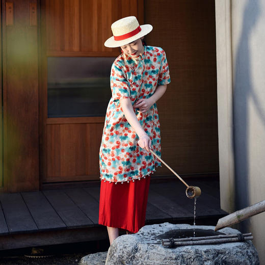 丁摩 夏款苎麻气质改良旗袍连衣裙原创可拆卸鱼尾长款盘扣夏短袖5ZF-26 商品图1