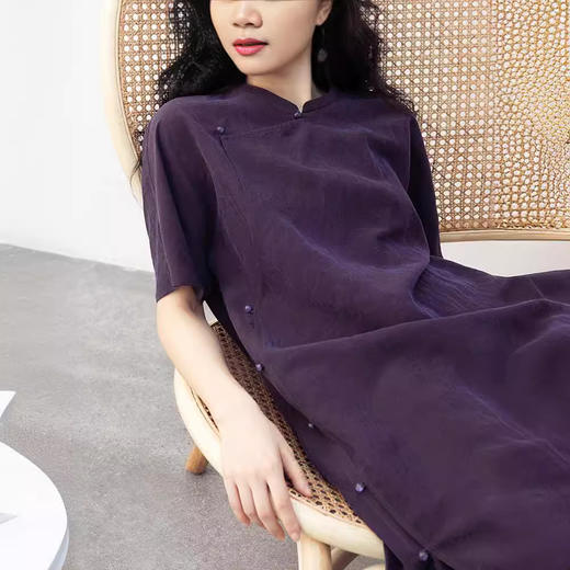 丁摩 真丝香云纱龟裂纹新中式紫色改良旗袍100%桑蚕丝连衣裙5ZF-34710 商品图3