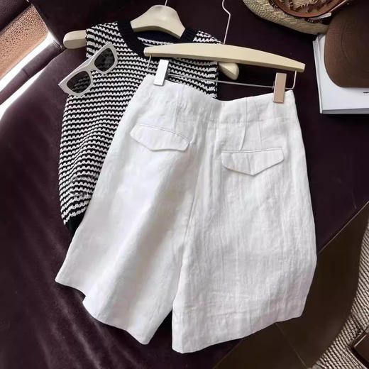 丁摩 亚麻短裤女夏季阔腿裤薄款a字高腰宽松白色裤子女夏西装五分裤5ZF-2509 商品图4