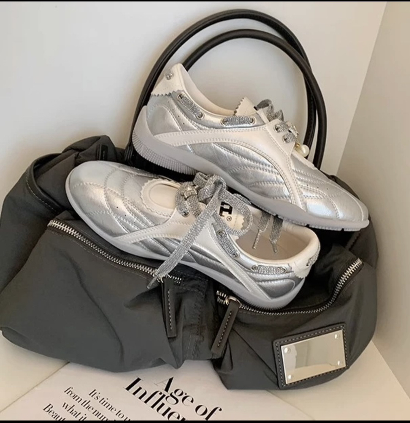 牛皮~增高5cm厚底板鞋珍珠系带圆头拼色休闲运动鞋女阿甘鞋（三天左右发货❗️❗️）