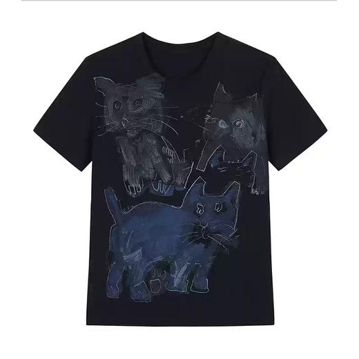 丁摩 春夏新品短袖T恤女正肩猫咪小狗设计感百搭上衣5ZF-02486 商品图4