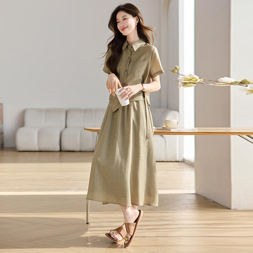 丁摩 天丝休闲连衣裙套装女夏季气质衬衫半身裙两件套5ZF-2571 商品图2