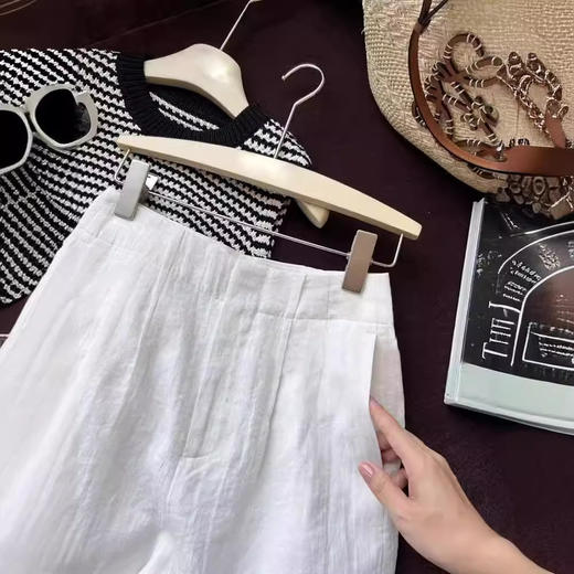丁摩 亚麻短裤女夏季阔腿裤薄款a字高腰宽松白色裤子女夏西装五分裤5ZF-2509 商品图1
