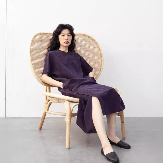 丁摩 真丝香云纱龟裂纹新中式紫色改良旗袍100%桑蚕丝连衣裙5ZF-34710 商品图0