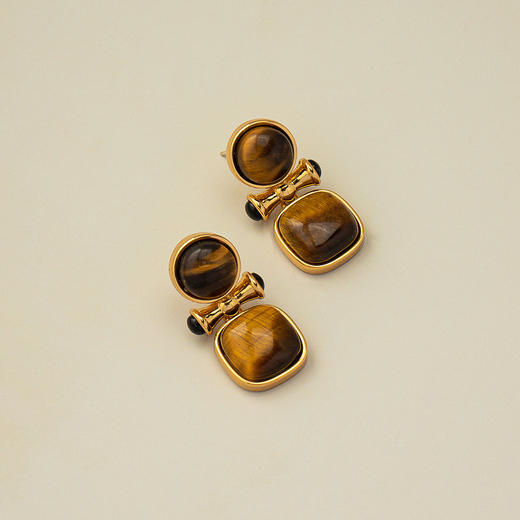 丁摩 S925银针中古镶天然虎眼石耳坠法式复古轻奢高级感耳环5ZF-A058 商品图2