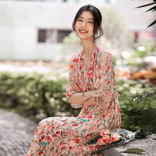 丁摩 夏季新品女装减龄花色收腰气质真丝连衣裙子5ZF-90497 商品图2