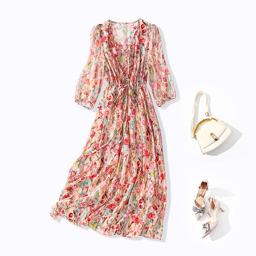丁摩 夏季新品女装减龄花色收腰气质真丝连衣裙子5ZF-90497 商品图4