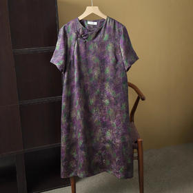 丁摩 真丝香云纱花萝国风连衣裙女树叶100桑蚕丝短袖宽松A字裙夏新款5ZF-D005