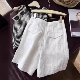 丁摩 亚麻短裤女夏季阔腿裤薄款a字高腰宽松白色裤子女夏西装五分裤5ZF-2509