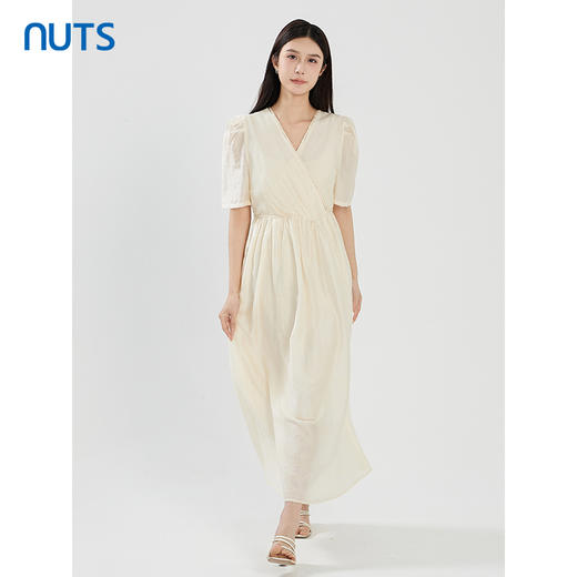 NUTS夏季新款优雅气质V领高腰显瘦大摆短袖连衣裙女428103412 商品图3