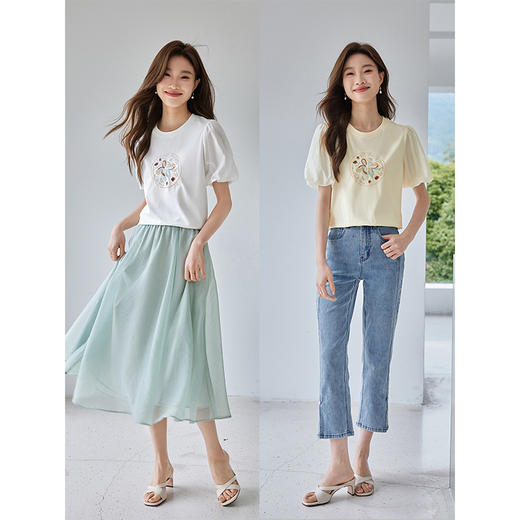 【专属特价】熙世界天丝花苞袖新中式国风t恤2025夏季新款休闲国潮刺绣上衣 商品图4