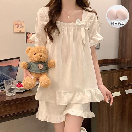 【带胸垫❗薄款短袖套装睡衣】新型亲肤面料家居服，活性印染，透气面料，柔软舒适，不起丢不掉色，薄款防凸点可爱蝴蝶结甜美夏季套装家居服QQ 商品图12