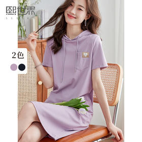 【五折购】熙世界连帽卫衣连衣裙女短袖2025年夏装新款口袋百搭宽松休闲裙子