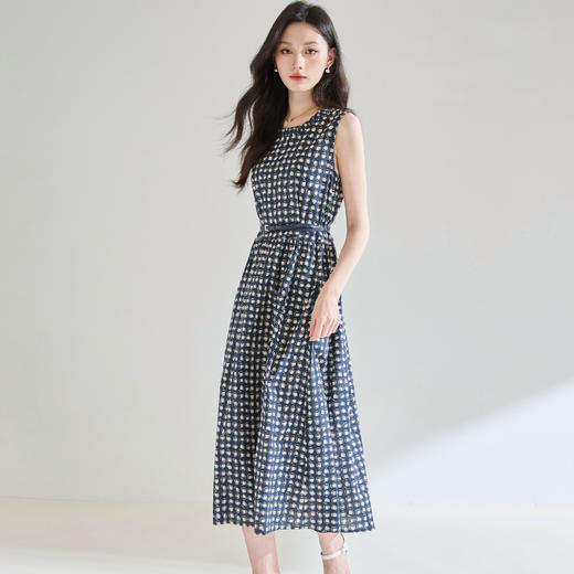 百媚生 格子印花棉质圆领无袖收腰显瘦气质通勤连衣裙25327 商品图2