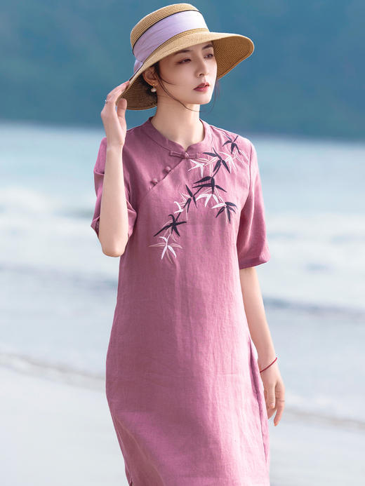 丁摩 亚麻国风立领盘扣改良式旗袍裙中袖连衣裙S511 商品图5