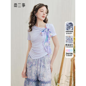 两三事 盛夏物语 2025夏季新款小清新印花绑结短袖t恤女