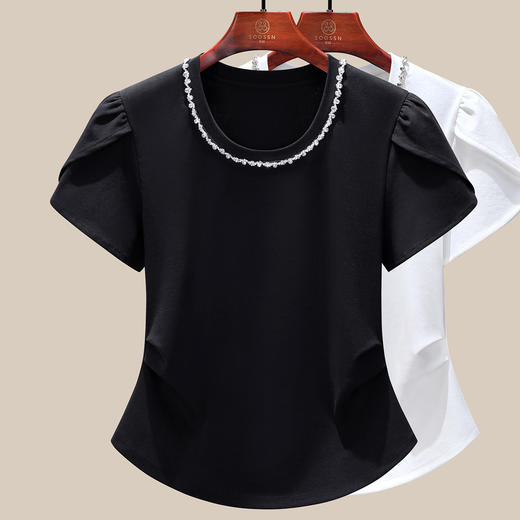 「自j」全新升级【铂金会员109/天猫149/差价40】(65242)洛诗琳时尚U领泡泡T恤2025夏装新款设计感镶钻捏褶修身上衣 商品图1