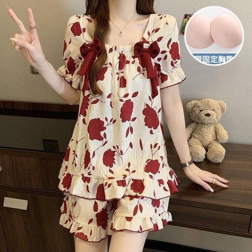 【带胸垫❗薄款短袖套装睡衣】新型亲肤面料家居服，活性印染，透气面料，柔软舒适，不起丢不掉色，薄款防凸点可爱蝴蝶结甜美夏季套装家居服QQ 商品图6