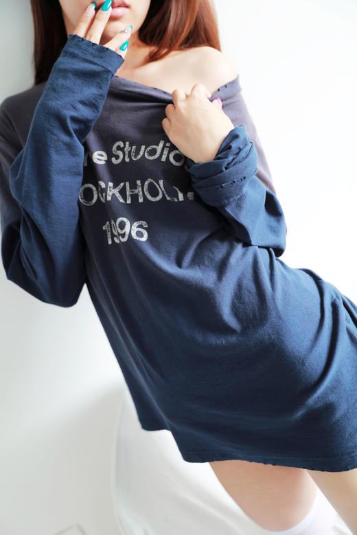 松弛感长袖tee，字母印花设计。做旧复古水洗情侣宽松长袖C071460 商品图0