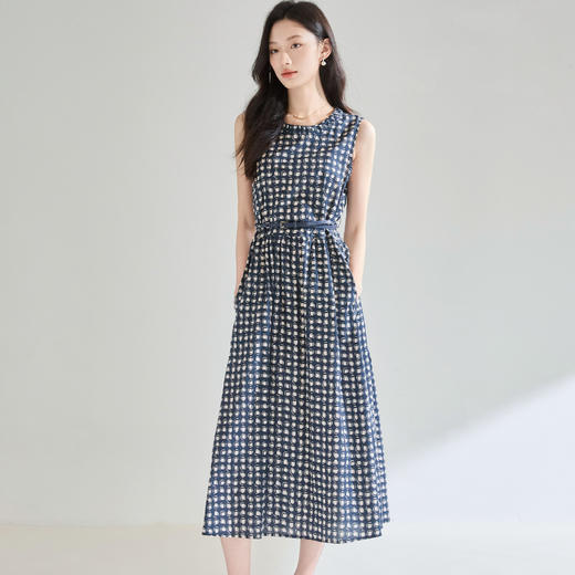 百媚生 格子印花棉质圆领无袖收腰显瘦气质通勤连衣裙25327 商品图1