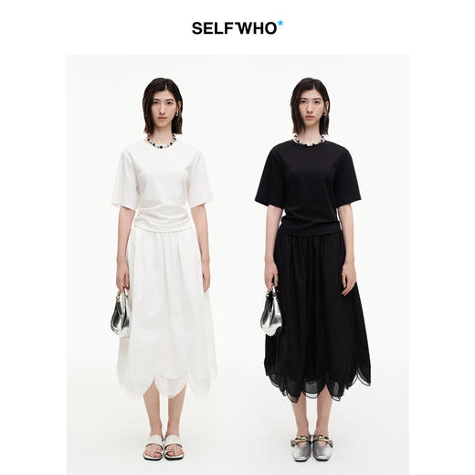 SELFWHO纯棉后背镂空欧根纱绑带短袖女2025夏新款宽松正肩T恤上衣 商品图1