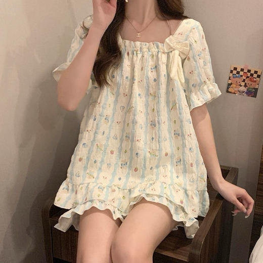 【带胸垫❗薄款短袖套装睡衣】新型亲肤面料家居服，活性印染，透气面料，柔软舒适，不起丢不掉色，薄款防凸点可爱蝴蝶结甜美夏季套装家居服QQ 商品图3