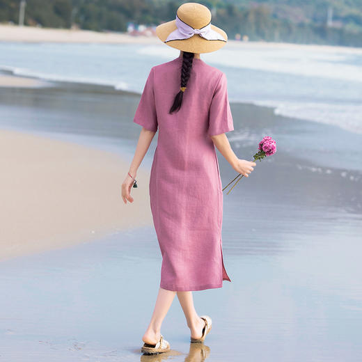丁摩 亚麻国风立领盘扣改良式旗袍裙中袖连衣裙S511 商品图3