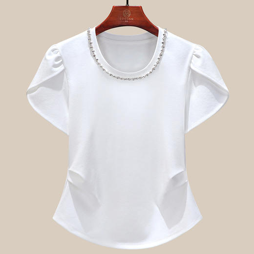 「自j」全新升级【铂金会员109/天猫149/差价40】(65242)洛诗琳时尚U领泡泡T恤2025夏装新款设计感镶钻捏褶修身上衣 商品图2