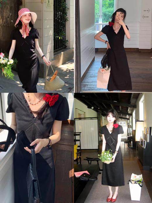 浮生八记/25B078/法式复古刺绣木耳边V领泡泡袖连衣裙 商品图1