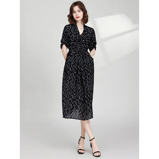 丁摩 重磅真丝连衣裙收腰宽松系带桑蚕丝印花裙子23E034 商品图2