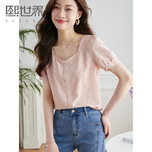 【专属特价】熙世界重磅银丝爱心印花雪纺衬衫女夏季甜美风泡泡袖法式方领上衣 商品图0