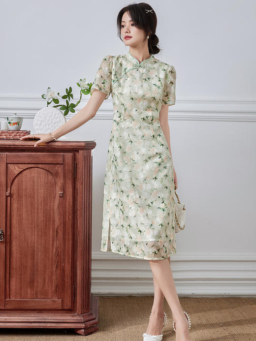 【专属特价】熙世界改良旗袍裙年轻款气质温柔风高端夏季新款新中式雪纺连衣裙 商品图3