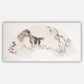 余国庆《觅秋》国画原作30CM*60CM 手绘卡纸扇面花鸟作品