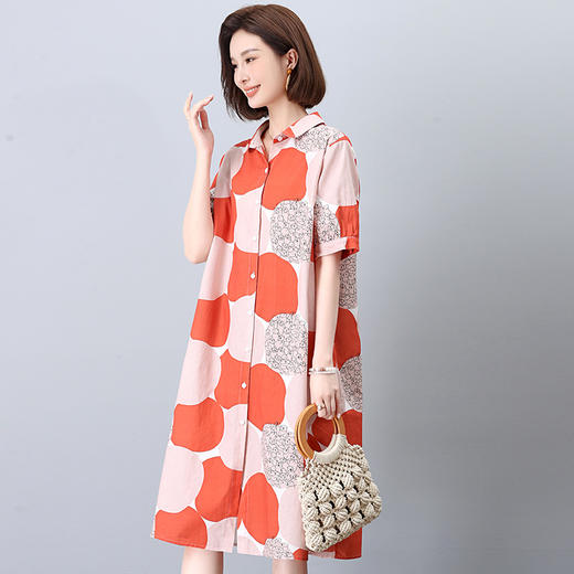 丁摩 纯棉印花连衣裙女中长款衬衫裙子Y7630 商品图5