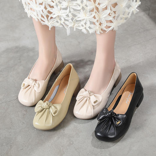 雀说 羊皮蝴蝶结浅口圆头一脚蹬单鞋129-9 商品图0